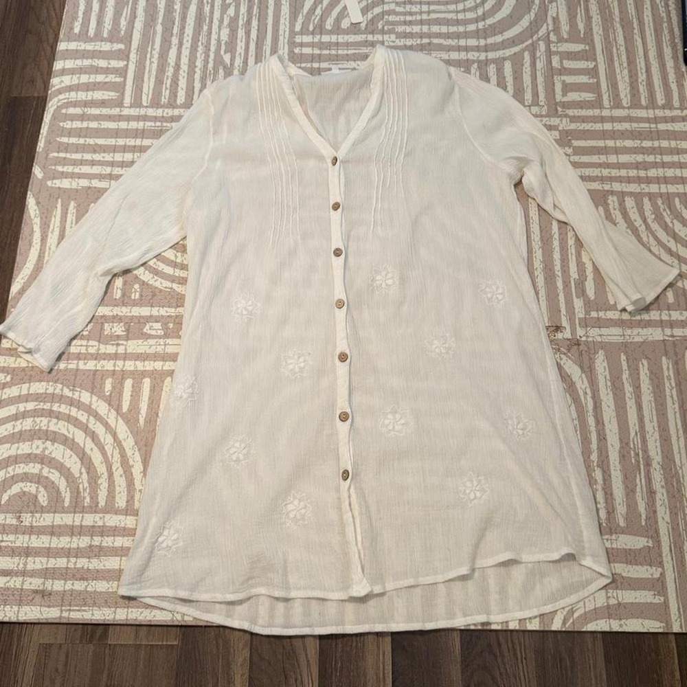 Serengeti Cotton Floral Embroidered Button Up Blouse Tunic Womens 1X